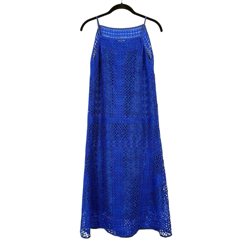 VINCE SLEEVELESS CROCHET LACE SILK LINED  MIDI DRESS SZ 4 BLUE Classy City - Picture 7 of 15
